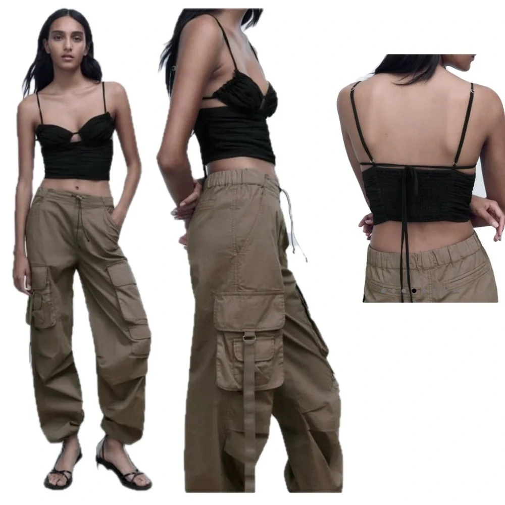 Zara Black Ruched Cut Out Crop Top Camisole sweetheart neckline strappy M NWOT - Picture 3 of 10